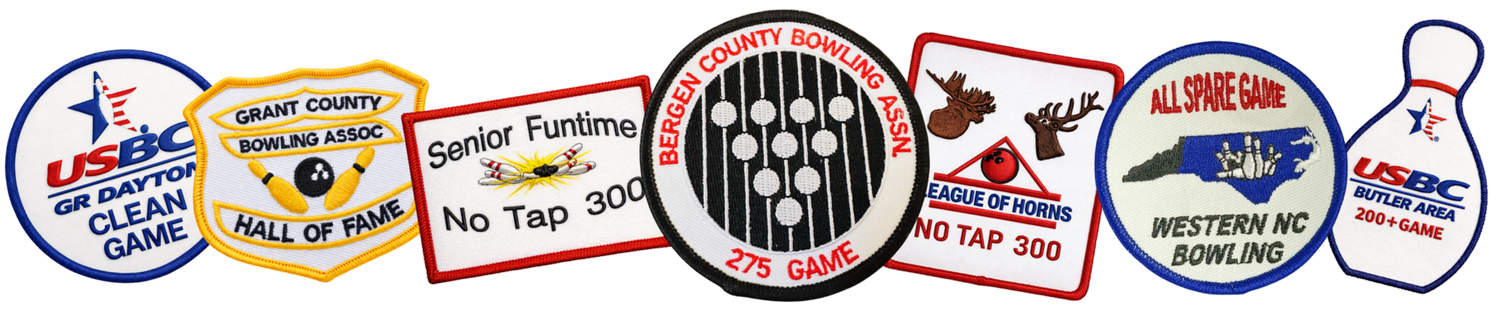 Collection of bowling patches showcasing achievements and associations