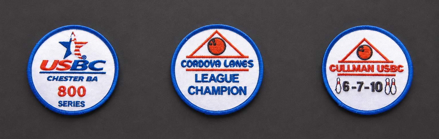 Three bowling patches: USBC Chester BA 800 Series, Cordova Lanes League Champion