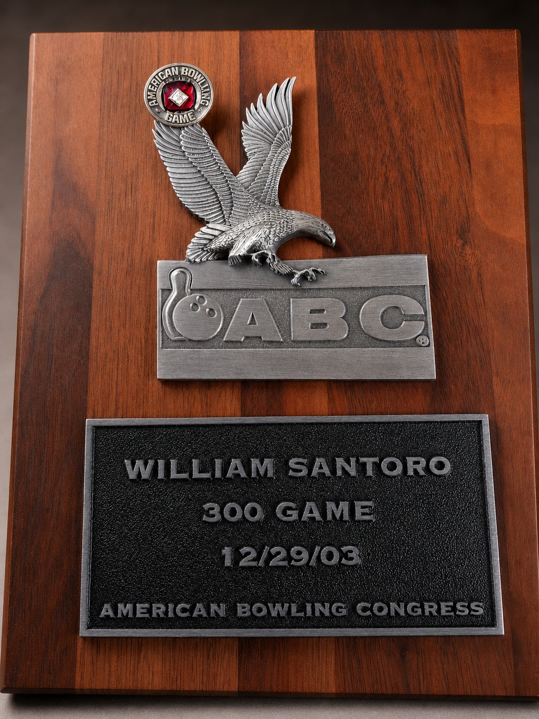 Plaque recognizing William Santoro for achieving a 300 game on December 29, 2003
