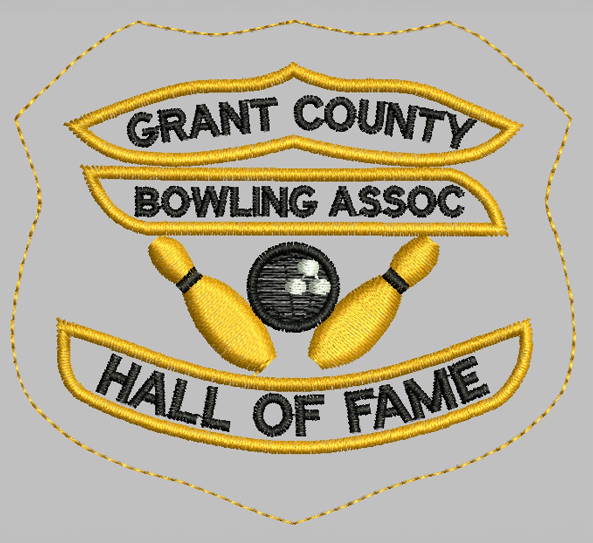 Grant County Bowling Association Hall of Fame emblem featuring bowling pins and a ball.