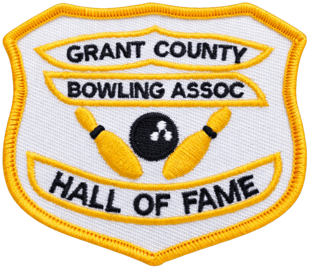 Grant County Bowling Association Hall of Fame patch featuring two bowling pins and a bowling ball