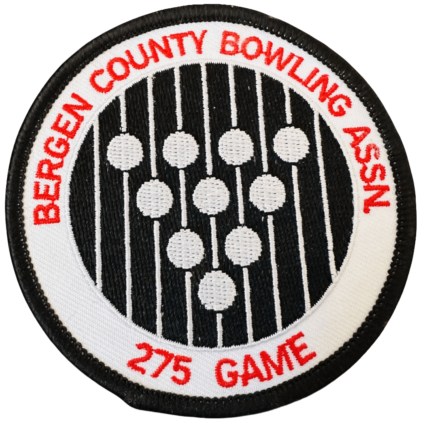Bergen County Bowling Association patch featuring a black background with white bowling pins